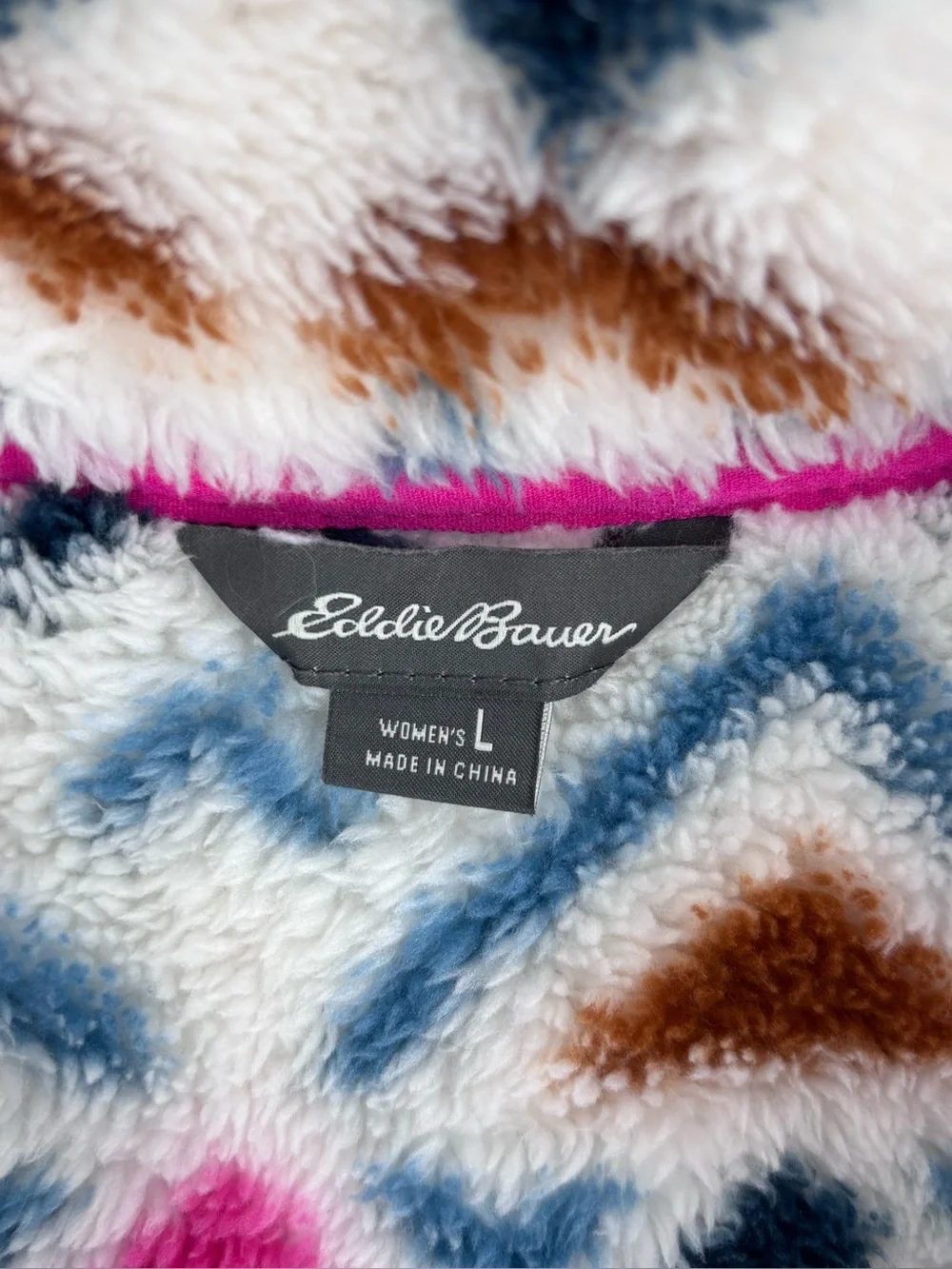 Eddie Bauer Cream Fuzzy Pullover with Brown, Navy & Pink Pattern